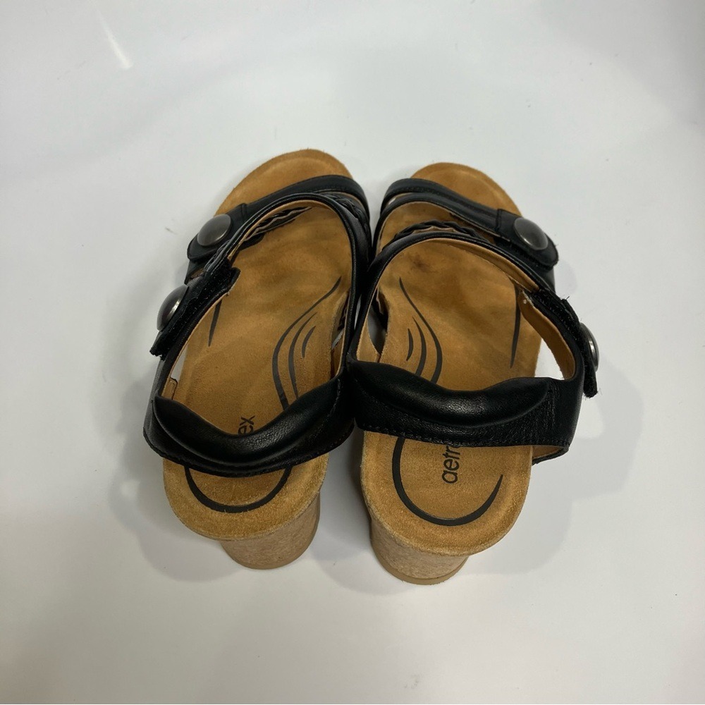 Aetrex Avril quarter strap wedge sandals black braided leather women's size 8.5 - Picture 6 of 9
